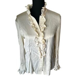 St. John Women’s Ivory Silk Ruffle Button Up Long Sleeve Blouse Size 8 Designer